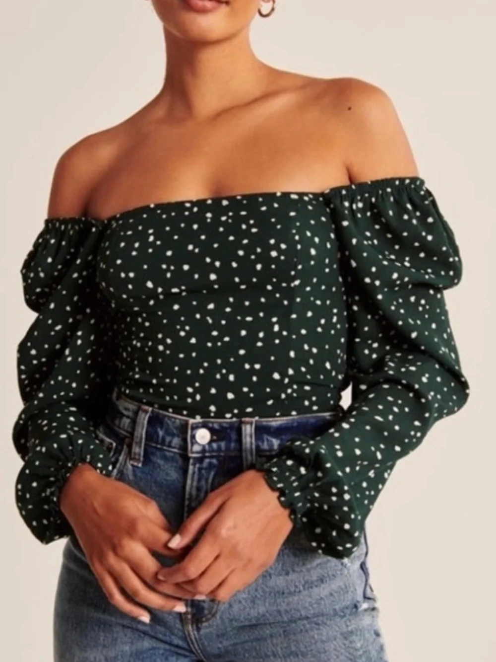 Abercrombie & Fitch Dark Green Square-Neck Puff Sleeve Blouse